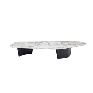Modern Large Irregular Shape White <strong>Real</strong> Solid Marble Top <strong>Wood</strong> Base Center <strong>Coffee</strong> <strong>Table</strong> - Product Image 1