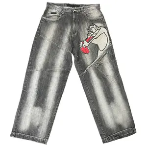 Customized Men's Baggy Jeans Y2K Retro Acid Black Washed Wide Leg Pants Embroidered Print Pattern Trendy Street Hip Hop for Men