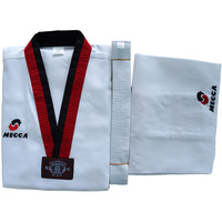 Tenue d'entraînement de Taekwondo unisexe, col en V, bordure rouge et noire, respirante, avec empiècements en filet, mousse EVA fine, doublure en polyester, personnalisable