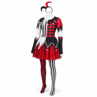 Ensemble de costumes de cosplay de clown maléfique pour femmes, mini-robe à rayures asymétriques et imprimé diamant avec col à pompons