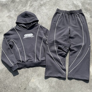 Heavyweight Cotton Wide Leg Stacked Jogger Sweatpants and Hoodie Set Custom Embroidered Logo Oversized Baggy <b>Tracksuit</b> Men - Product Image 1
