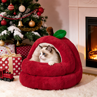 Lit-cave pour chat semi-fermé en forme de pomme, confortable, avec mousse de soutien 3D et coussin amovible pour chats d'intérieur, cadeau de Noël