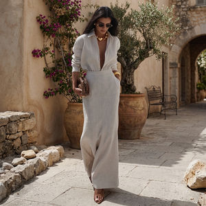 Women's 2 Piece Polyester <b>Set</b> Long Sleeve Shirt Maxi Skirt Solid Color Casual Regular Fit Full Length Spring Summer Vintage - Product Image 4