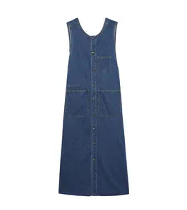 厂家直销新款夏季100纯棉女式吊带长裙牛仔蓝色长裙