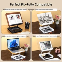 Support de lecture pliable réglable, support ergonomique pour ordinateur portable, support de bureau portable en bois avec base de rangement