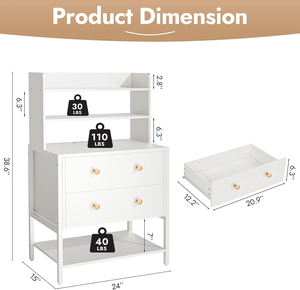 Mesita <span class=keywords><strong>de</strong></span> <span class=keywords><strong>Noche</strong></span> Blanca <span class=keywords><strong>de</strong></span> 24 Pulgadas <span class=keywords><strong>de</strong></span> Ancho con Estación <span class=keywords><strong>de</strong></span> Carga, Mesa Auxiliar <span class=keywords><strong>de</strong></span> 2 Cajones con Estantes Abiertos <span class=keywords><strong>de</strong></span> 4 Niveles para Dormitorio - Product Image 2