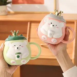 귀여운 세라믹 크라운 곰 물 컵 만화 커플 커피 머그 뚜껑과 숟가락 우유 컵