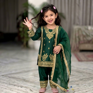 <b>Green</b> <b>Silk</b> Salwar Kameez Set for Girls With Gold Embroidery Dupatta Traditional Wedding Festival Outfit - Product Image 1