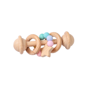 Hochets créatifs en bois de frêne et élastique pour bébé Bâton de dentition interactif à main avec perles en silicone pour enfants - Product Image 2