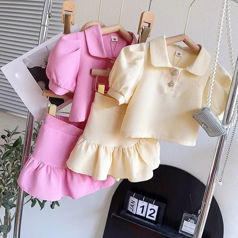 Wholesale Kid Puff Sleeve Tops+Skirts Sets Summer Collection in 2023