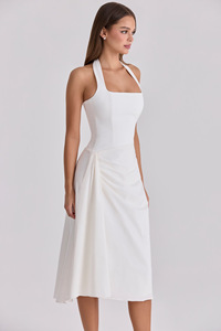 Robe décontractée quotidienne pour <span class=keywords><strong>femme</strong></span>, minimaliste et élégante, sans manches, col halter <span class=keywords><strong>carré</strong></span>, dos noué avec nœud, froncée sur le côté, taille haute, <span class=keywords><strong>coupe</strong></span> fluide évasée - Product Image 3