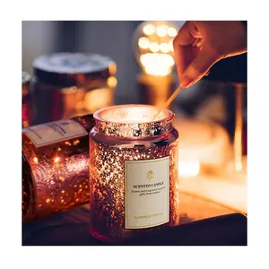 Luxury Modern Rose Gold 8oz 250ml Cylinder Coloured Electroplating Embossed Pattern Blinking Glass Candle Jar