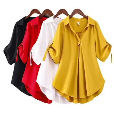 Nueva moda mujer niñas solapa cuello en V Color sólido media manga Tops comodidad Casual blusa camiseta Casual camisa suelta