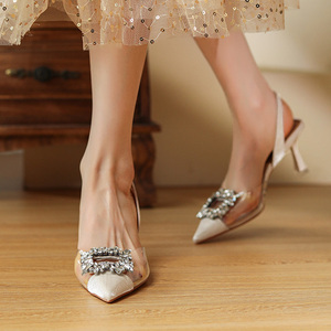 Sandali con <span class=keywords><strong>Tacco</strong></span> Alto e Fibbia Quadrata con Strass, Punta Trasparente alla Moda per Donne, Tacchi Sottili Estivi - Product Image 6