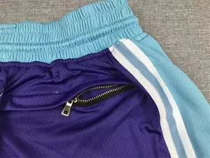 Celana pendek basket pria, Bawahan bordir jahitan hanya don celana pendek kantong asli kualitas tinggi La Laker Retro