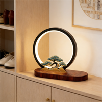 Lampe de bureau LED en aluminium de style chinois avec ornement circulaire en pin, chargeur sans fil, logo personnalisable, lumière blanc chaud à intensité variable