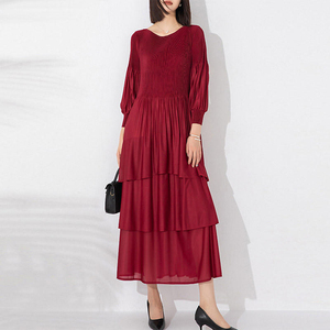 Vestido Maxi Casual de Lujo para Mujer, Estilo Boutique, con Falda Escalonada y Mangas Farol, Plisado Miyake, para Otoño - Product Image 1