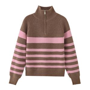 Pull tricoté décontracté pour femme à col montant zippé rayé, manches longues, 100 % acrylique, anti-boulochage, idéal pour l'automne - Product Image 3