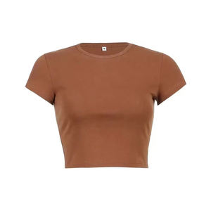 Venta al por mayor recortada de algodón Crop Women's T-shirts Workout Ladies Plain transpirable Crop Top camiseta - Product Image 6