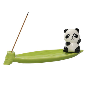 Ceramic Panda Incense Burner Green Leaf Shape <b>Hand</b> <b>Made</b> For Desk Tea Table Decor Therapeutic Aromatherapy Gift - Product Image 5