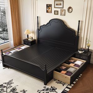 American Retro Solid Wood <b>Bed</b> 1.8m French Style Master Bedroom <b>Double</b> <b>Bed</b> Black Storage Wedding <b>Bed</b> - Product Image 3