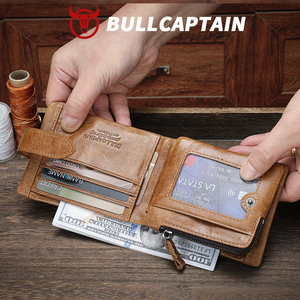 For Men's Genuine Leather <b>RFID</b> <b>Blocking</b> <b>Wallet</b> Zipper Hasp Closure Rock Style Short Large Capacity Card Holder - Product Image 3