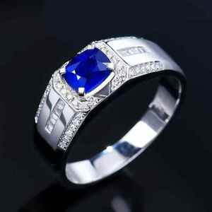 Anillo de oro de 18k con zafiro azul natural de Birmania SGARIT de 0.97ct, halo para hombre con 52 piezas de diamantes naturales de 0.121ct, certificado NGTC, joyería. - Product Image 3