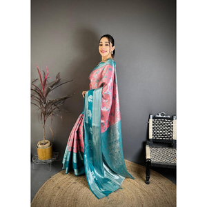Pink and Teal Silk <b>Saree</b> with Floral Print Traditional Ethnic Wear <b>for</b> <b>Women</b> India Pakistan Style Wedding Occasion Quick Dry - Product Image 1