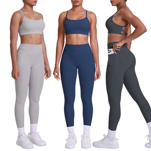 Ensemble 2 pièces sexy pour le sport : pantalon respirant teint en pièce avec poches et haut de sport à bretelles croisées pour la course, le fitness et le yoga - Product Image 1