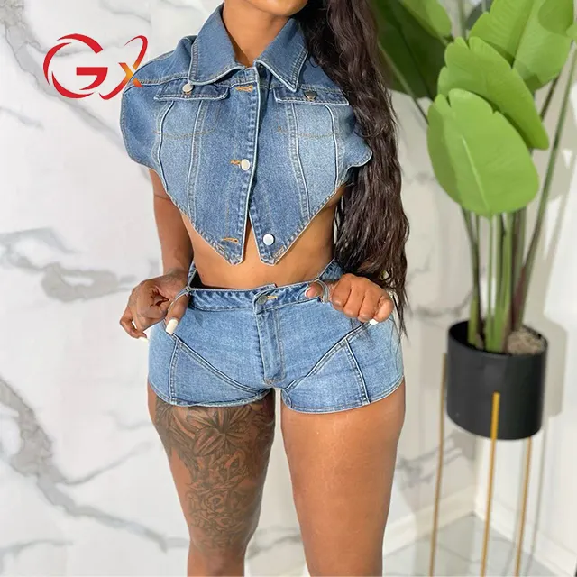 GX51080 Fashion 2024 Summer Street Wear Sexy Denim Irregular Tank Top and Jeans Shorts Women 2 Piece Set