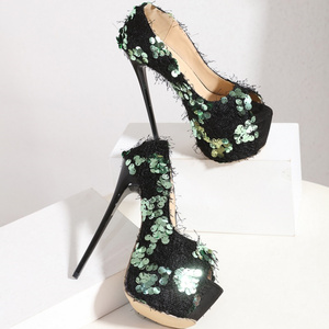 Tacones Talon Haut Sexy Platform Peep Toe 16CM <b>Pumps</b> 2025 Sequins Nightclub <b>Black</b> Shoes Stiletto High Heels for Women - Product Image 4