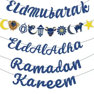 2023 Navy Glitter Islamic Eid Mubarak Ramadan Decoration Banner Party Decor Paper Ramadan Kareem Banner Wholesale