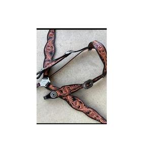 Conjuntos de tachuelas marrones de cuero occidental bien acabados con detalles florales tallados Juego De rienda de caballo y correa de pecho para montar en vaquero - Product Image 3