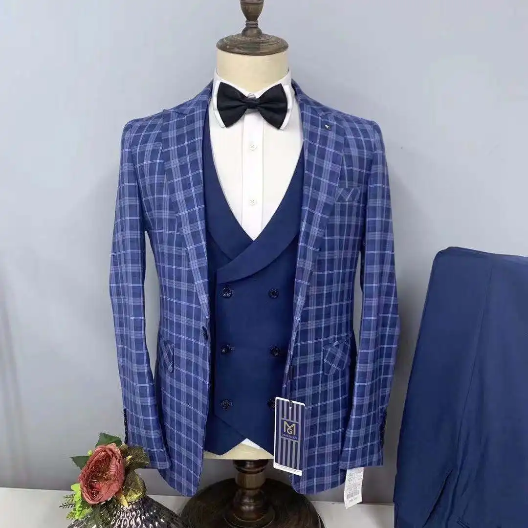 Men's Suit Plaid Blue 3 Piece Beige Men's Slim Fit Dress Suit Fashion Plaid Checked Blue Purple for Wedding (Jacket+Pant+Vest)