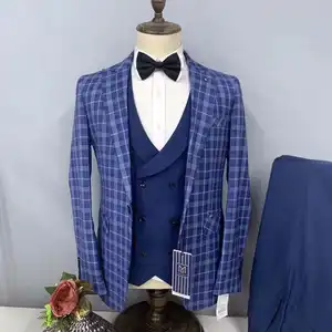 Mannen Pak Plaid Blauw 3 Stuk Beige Mannen Slim Fit Suit Fashion Plaid Gecontroleerd Blauw Paars Voor wedding (Jas + Broek + Vest)