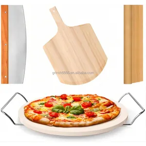 Piedra redonda para Pizza de 13 ", 5 unidades, para horno y parrilla con pelador de Pizza, estante para servir, cortador de Pizza