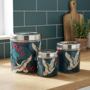 Oriental Style Stainless steel Food <b>Containers</b> with Crane Pattern Airtight Round <b>Storage</b> Jars for <b>Kitchen</b> Use 1-3L Capacity - Product Image 1