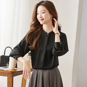 French Style Women's Chiffon Blouse White Black Solid Color Stand Collar Loose Fit Everyday Shirt Q105 - Product Image 1