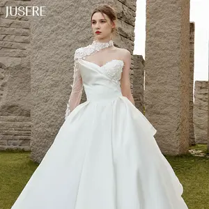 नई डिजाइन एक फूल आस्तीन उच्च कॉलर strapless minimalist डिजाइन aline शादी की पोशाक साटन ब्राइडल गाउन प्लस आकार