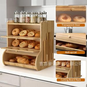 Boîte à pain en bois à plusieurs niveaux avec porte transparente et couvercle enroulable pour comptoir de cuisine - Product Image 1
