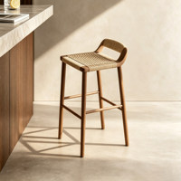 Tabourets de bar modernes minimalistes en bois massif avec assise en corde tressée et repose-pieds en rotin, faits à la main, sans accoudoirs, pour usage commercial, îlot de cuisine