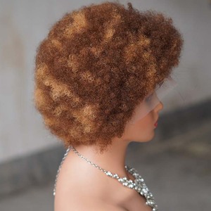 Perruque sans colle en dentelle monofilament vierge vietnamienne HD, petits nœuds blanchis, mèches brunes claires/foncées, franges, coupes afro bouclées - Product Image 4