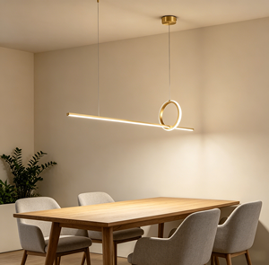 Lustre LED Géométrique Abstrait de Luxe, Suspension Minimaliste en Laiton Doré avec Anneaux et Lignes Entrelacés pour Îlot de Cuisine et Salle à Manger - Product Image 2