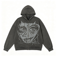 Sweat à capuche zippé gris anthracite effet vieilli, motif visage de démon de dessin animé d'horreur Kornit DTG, coupe oversize, style streetwear