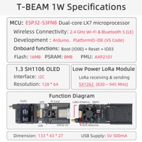 Module RF sans fil LILYGO T-BEAM 1W 830~945Mhz ESP32-S3 SX1262 Module LoRa basse consommation Carte de développement avec écran OLED 1,3 pouces GPS SD Crad