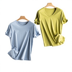 Camisetas de Verano al por Mayor de Algodón con Cuello en V para Mujer, Elegantes, con Bloques de Color, Lisas y Teñidas - Product Image 1