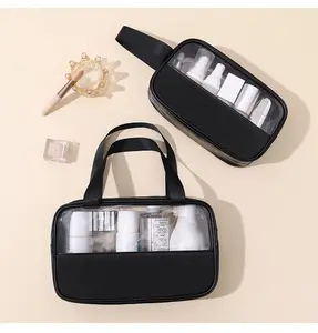 Saco de cosméticos para maquiagem de viagem transparente em PVC grande preto com logotipo personalizado saco de higiene pessoal transparente transparente