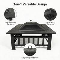 Table de foyer carrée polyvalente 3-en-1 haut de gamme, grande capacité pour bois, avec écran anti-étincelles, pour terrasse extérieure et fêtes dans la cour