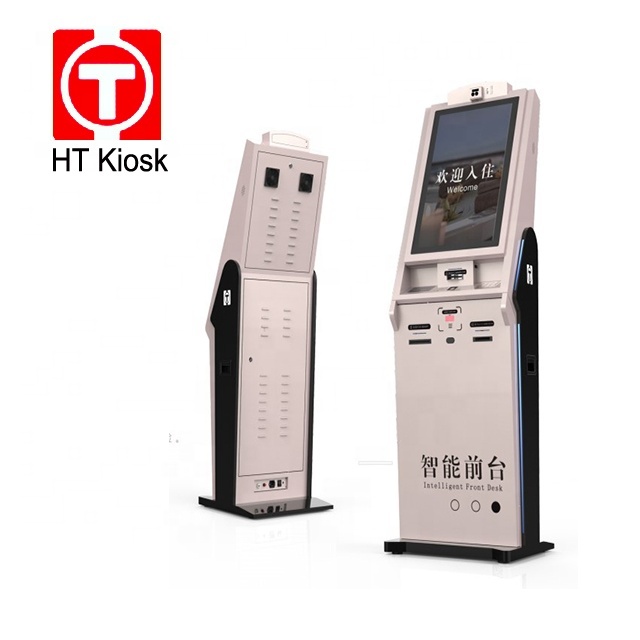 27 Inch Touch Screen Self Service Hotel Check in Kiosk Room Card Dispenser Terminal With Fingerprint Machine Card Reader