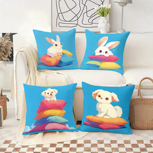 Cute rabbits and puppies on colorful pillows decorate cozy festive living room sofa - Product Image 2